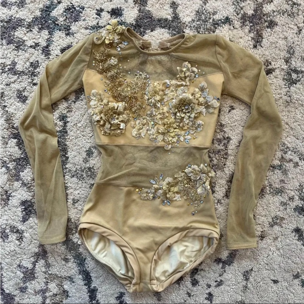 Custom Beige Swarovski Crystaled One Piece Dance Costume